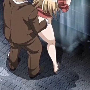 rin x sen, ichinose riko, 1boy, 1girl, age difference, asphyxiation, ass, bald, bangs, bare legs, bare shoulders, bathroom, bent over, black footwear, blonde hair