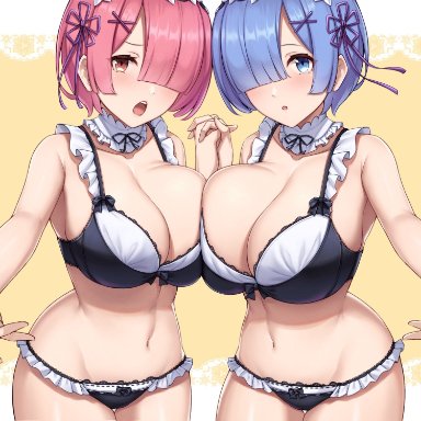 ram (re:zero), rem (re:zero), paintcan, 2girls, abs, bangs, bare shoulders, belly button, big breasts, blue eyes, blue hair, blush, breast press, breast squeeze, breast squish