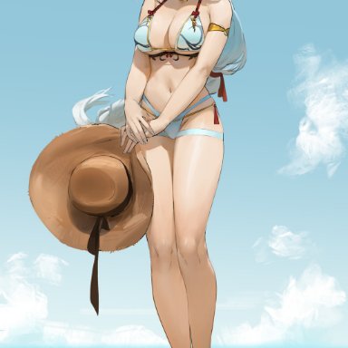 genshin impact, shenhe (genshin impact), doksyuri, 1girls, armband, bare legs, beach, bikini, blue eyes, breasts, cleavage, cloud, earrings, eyebrows visible through hair, eyes visible through hair