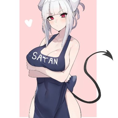 helltaker, lucifer (helltaker), luse maonang, 1girls, apron, big breasts, blush, demon girl, demon tail, horns, naked apron, pink background, red eyes, simple background, solo female