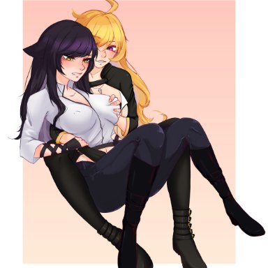 rwby, blake belladonna, yang xiao long, 2girls, animal ears, big ass, big breasts, big butt, big thighs, blonde hair, blush, blushing, boots, cat ears, catgirl