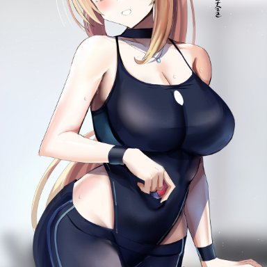 pokemon, cynthia (pokemon), adamant369, hanasaka houcha, 1girls, bangs, bare shoulders, big breasts, blonde, blonde hair, blue eyes, blush, breasts, collarbone, female