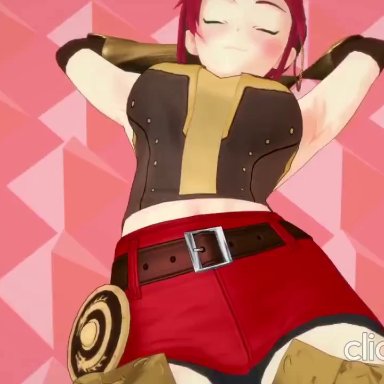 koikatsu, ppppu, rwby, character, pyrrha nikos, anonbluna, arm sleeves, armor, blush, clothed, clothed sex, dark-skinned male, double peace sign, exposed stomach, eyes rolling back