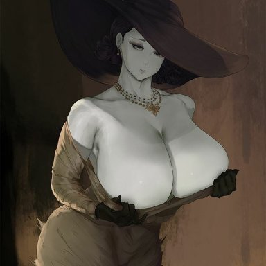 capcom, resident evil, resident evil 8: village, alcina dimitrescu, araneesama, big breasts, breasts, cleavage, hat, huge breasts, pale-skinned female, pale skin, tall, tall female, tall woman