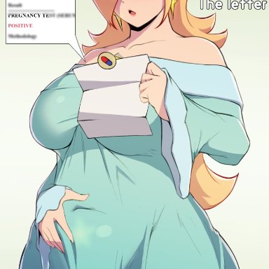 mario (series), nintendo, super mario galaxy, princess rosalina, coffeeslice, blonde hair, blue dress, blush, blushing, early pregnancy, hand on belly, medium breasts, pregnant, progression, solo female