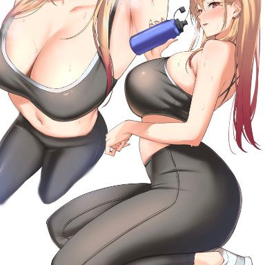 sono bisque doll wa koi wo suru, kitagawa marin, ichinose (ichinose1592), 1girls, alternate costume, armpits, arms up, blonde hair, blush, bottle, breasts, breath, cleavage, collarbone, ear piercing