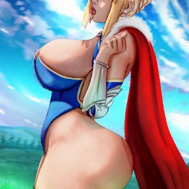 fate/grand order, fate (series), artoria pendragon, artoria pendragon (lancer), lasgaclaven, 1girls, big ass, bimbo, blonde hair, blue eyes, cape, curvy figure, dat ass, female, female only