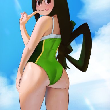 my hero academia, tsuyu asui, atric18, 1girls, ass, bikini, blush, female, long hair, looking back, micro bikini, solo, standing, swimsuit, thick thighs