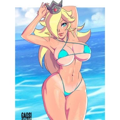 mario (series), nintendo, princess rosalina, gaqs!, 1girls, armpits, arms behind head, big breasts, bikini, bimbo, blonde hair, blue bikini, busty, child bearing hips, female