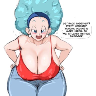 dragon ball, dragon ball z, bulma briefs, zetomeso, big breasts, blush, drunk, huge breasts, rejection