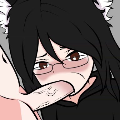 david-ko7554, vulito, automanyaco, 1boy, 1futa, 1girls, animal ears, black hair, blowjob, brown eyes, cheek bulge, cum, cum in mouth, fellatio, female