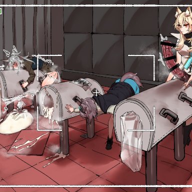 arknights, character request, grani (arknights), nearl (arknights), mirin chikuwa, 1girls, 2futas, animal ear fluff, animal ears, bent over, black footwear, blonde hair, blush, boots, breeding mount