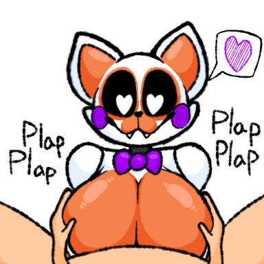 five nights at freddy's, five nights at freddy's world, lolbit (fnaf), 1boy, 1boy1girl, 1girl, bare shoulders, big breasts, bowtie, breast grab, breasts, busty, cute, female, fox