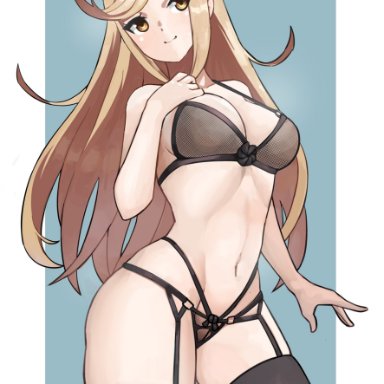 xenoblade (series), xenoblade chronicles 2, mythra, babus games, 1girl, 1girls, ass, black bra, black legwear, black lingerie, black panties, black underwear, blonde hair, breasts, cleavage