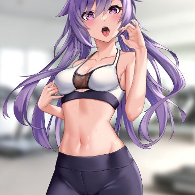 genshin impact, keqing (genshin impact), 1girls, blush, breasts, cleavage, clothing, edchi, fellatio gesture, female, gym, looking at viewer, midriff, naughty face, navel