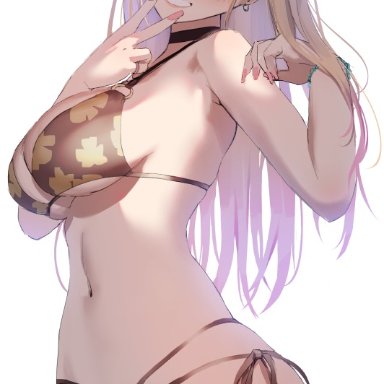 sono bisque doll wa koi wo suru, kitagawa marin, mintoaisu, bangs, bare shoulders, bikini, blonde hair, breasts, cleavage, cunnilingus gesture, female, finger to mouth, floral print, grin, gyaru