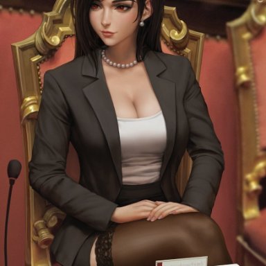 final fantasy, final fantasy vii, final fantasy vii remake, square enix, tifa lockhart, sciamano240, 1girls, breasts, brown hair, cleavage, clothed, clothed female, earring, female, female only