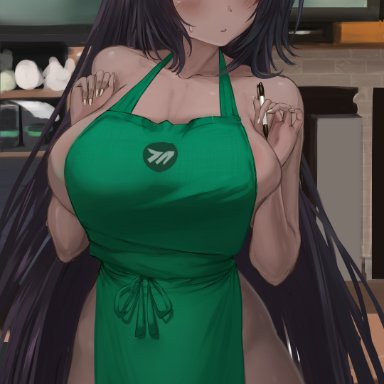 blue archive, karin (blue archive), b-pang, 1girls, ahoge, apron, apron only, barista, black hair, blush, breasts, brown skin, cleavage, dark-skinned female, dark skin