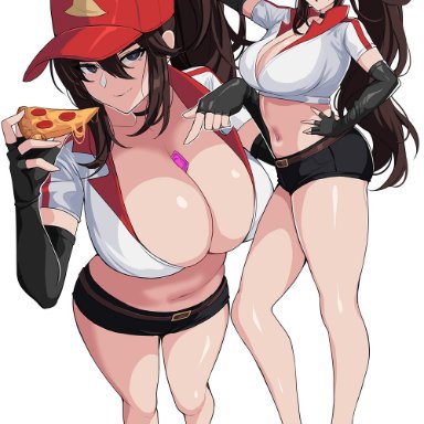 league of legends, riot games, pizza delivery sivir, sivir, drogod (artist), 1girls, booty shorts, breasts, brown eyes, brown hair, cleavage, condom, condom between breasts, cropped jacket, female