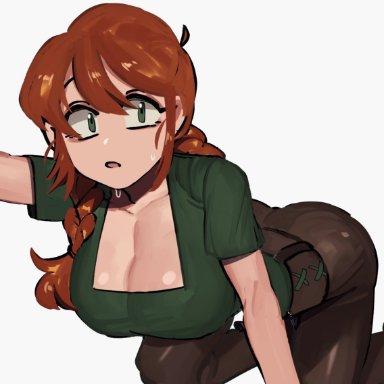 minecraft, alex (minecraft), manobece, belt, breasts, cleavage, clothed, down blouse, green eyes, large breasts, looking at viewer, low twintails, orange hair, pants, sweat