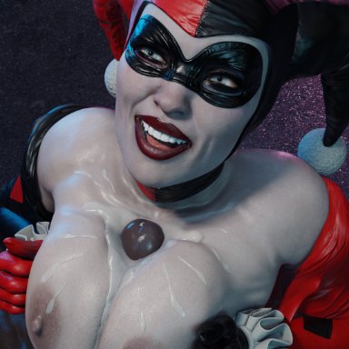 batman (series), dc, dc comics, harley quinn, harley quinn (classic), echiee, 1boy1girl, abs, after sex, alley, areolae, bare shoulders, baseball bat, big breasts, big penis