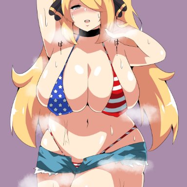 nintendo, pokemon, pokemon dppt, cynthia (pokemon), cielr18, 1girls, american flag bikini, arms up, belly button, bikini, blonde hair, blush, booty shorts, breasts, cleavage
