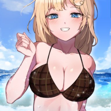 hololive, hololive english, watson amelia, iver (reviolet), 1girls, beach, bikini, blonde hair, blue eyes, blush, breasts, brown bikini, grin, hair ornament, large breasts