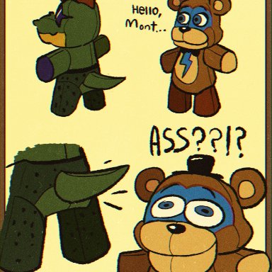 five nights at freddy's, scottgames, glamrock freddy (fnaf), montgomery gator (fnaf), !, ..., 2boys, ?, alligator, alligatorid, animate inanimate, anthro, ass, assless chaps, black nose