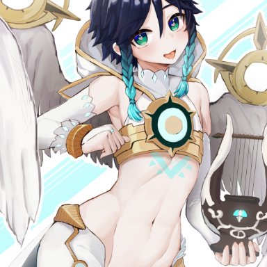 genshin impact, venti (genshin impact), dodo (yatotoyatoto), 1boy, aqua hair, bare shoulders, blush, braid, bridal gauntlets, dark blue hair, detached sleeves, femboy, flower, girly, green eyes