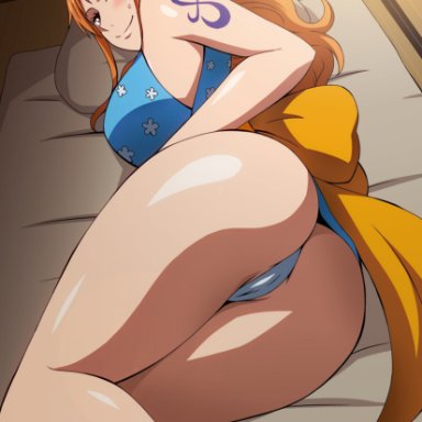 one piece, nami, hara (harayutaka), 1girls, ass, breasts, brown eyes, female, female only, huge breasts, indoors, kimono, large ass, long hair, looking at viewer