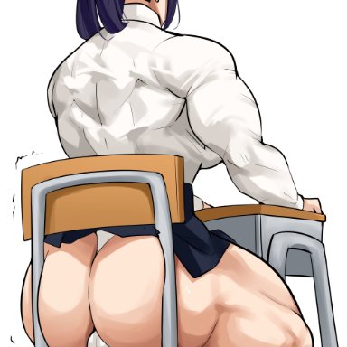 musctonk, ass, back, big ass, blue hair, female, muscles, muscular, muscular female, muscular thighs, ponytail, school uniform, schoolgirl, sitting, skirt