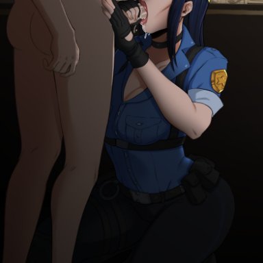 league of legends, caitlyn kiramman, officer caitlyn, pepprnsalt, 1boy, 1girls, blowjob, choker, lesbian with male, light skin, police, police uniform, sunglasses, tinted eyewear