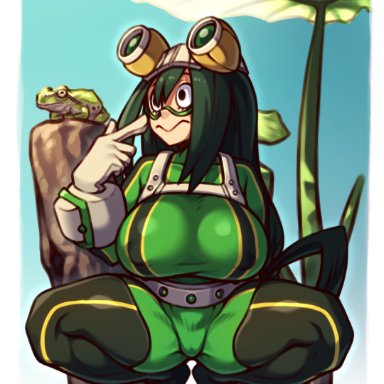 my hero academia, tsuyu asui, coffeelove68, big breasts, breasts, frog, goggles, goggles on forehead, green hair, kneeling, long hair, solo, solo female, tree stump