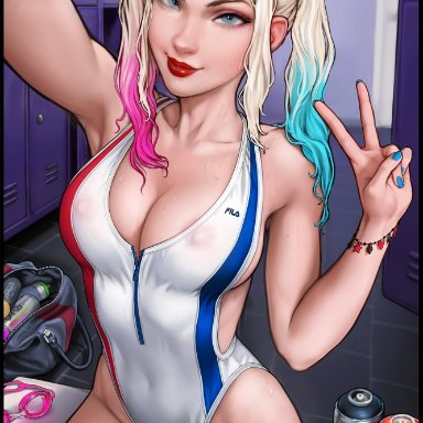 dc, dc comics, harleen quinzel, harley quinn, aroma sensei, blonde hair, female, female only, nipples visible through clothing, peace sign, selfie, solo, solo focus, swimsuit, wet