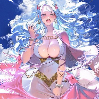 one piece, nefertari vivi, nori31291404, 1girls, big breasts, blue hair, blue sky, busty, clouds, crying, curvy, dress, female, female only, jewelry