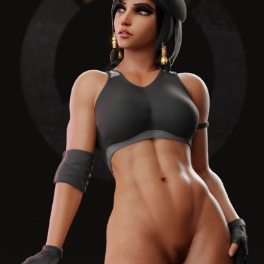 overwatch, pharah, pharah-best-girl, abs, black eyes, black hair, bottomless, bra, clothing, dark-skinned female, dark skin, egyptian, female, female pubic hair, fingerless gloves