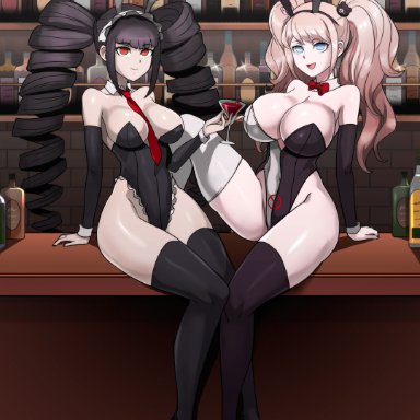 danganronpa, celestia ludenberg, junko enoshima, shinzu031, 2girls, big breasts, bunnysuit, cleavage, empty eyes, long hair, mind control, thighhighs, twintails