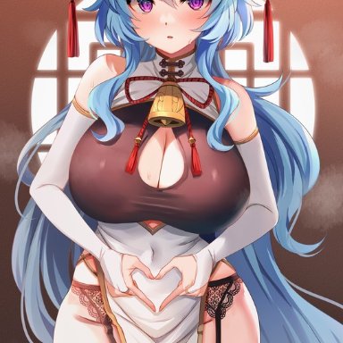 genshin impact, ganyu (genshin impact), marota (imyme maro), 1girls, ahoge, black panties, blue hair, blush, breasts, china dress, cleavage, cleavage cutout, detached sleeves, dress, female