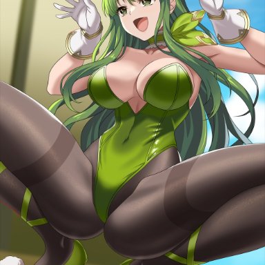 fire emblem, nintendo, palla (fire emblem), sirano, 1girls, alternate costume, animal ears, ascot, black legwear, blurry, blurry background, breasts, bunny ears, bunny girl, bunnysuit