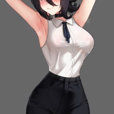 chainsaw man, reze (chainsaw man), hioyami, 1girls, armpits, arms behind head, arms up, black hair, blush, breasts, clothed, clothed female, female, female only, green eyes