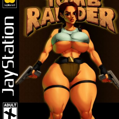 tomb raider, lara croft, jay-marvel, 1girls, areola slip, belt, big breasts, breasts, brown eyes, brown hair, fake cover, female, firearm, gun, handgun