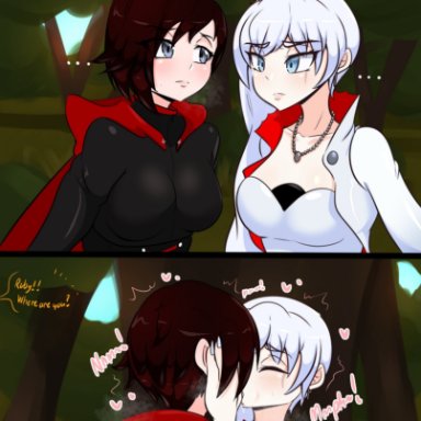 rwby, ruby rose, weiss schnee, kinathefox, ..., 2girls, anger vein, arguing, blue eyes, breasts, female, female/female, female only, french kiss, french kissing