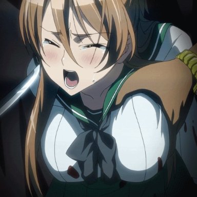 highschool of the dead, rei miyamoto, 1boy, blood, bouncing breasts, breast grab, breasts, brown hair, female, grabbing, groping, knife, large breasts, school uniform, serafuku