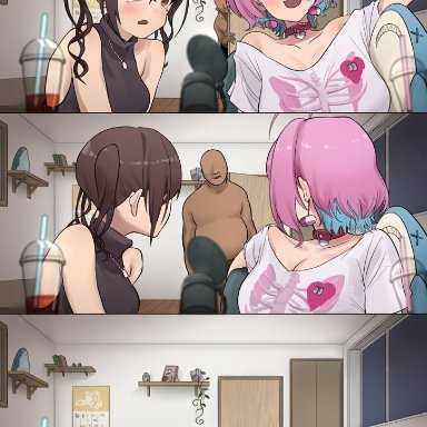 idolmaster, idolmaster cinderella girls, sunazuka akira, yumemi riamu, 1boy, 2girls, bedroom, blush, breasts, brown hair, choker, cleavage, clothed female nude male, cum, cum in pussy