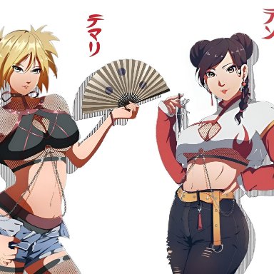 naruto, naruto: the last, naruto (series), naruto shippuden, temari, tenten, maxim draws, 2girls, adapted costume, alternate costume, belly, belt, blonde hair, braid, braided ponytail