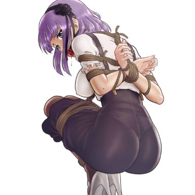 dagashi kashi, shidare hotaru, reptileye, 1girls, arms behind back, ass, ball gag, black hairband, black skirt, blue eyes, bondage, bound, bound wrists, breasts, brown legwear