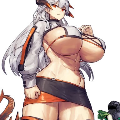 arknights, doctor (arknights), saria (arknights), daikon, melon22, 1other, abs, adapted costume, alternate breast size, bikini, bikini top only, black coat, black skirt, breasts, clenched hand