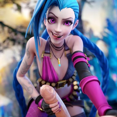 league of legends, riot games, jinx (league of legends), fireboxstudio, blue hair, clothing, female, job, long hair, male/female, nude male, penis, saliva, smile, straight