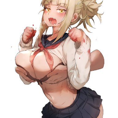 my hero academia, himiko toga, gao-lukchup, gao (gaolukchup), 1girls, big breasts, black bra, blonde hair, blood, blush, bra, disembodied hand, double bun, fangs, groping