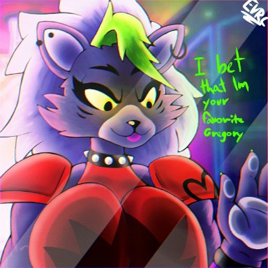 five nights at freddy's, fnaf, roxanne wolf (fnaf), evrc, big breasts, breasts, choker, clothed, clothing, furry, furry only, glass, glowing, glowing eyes, green hair